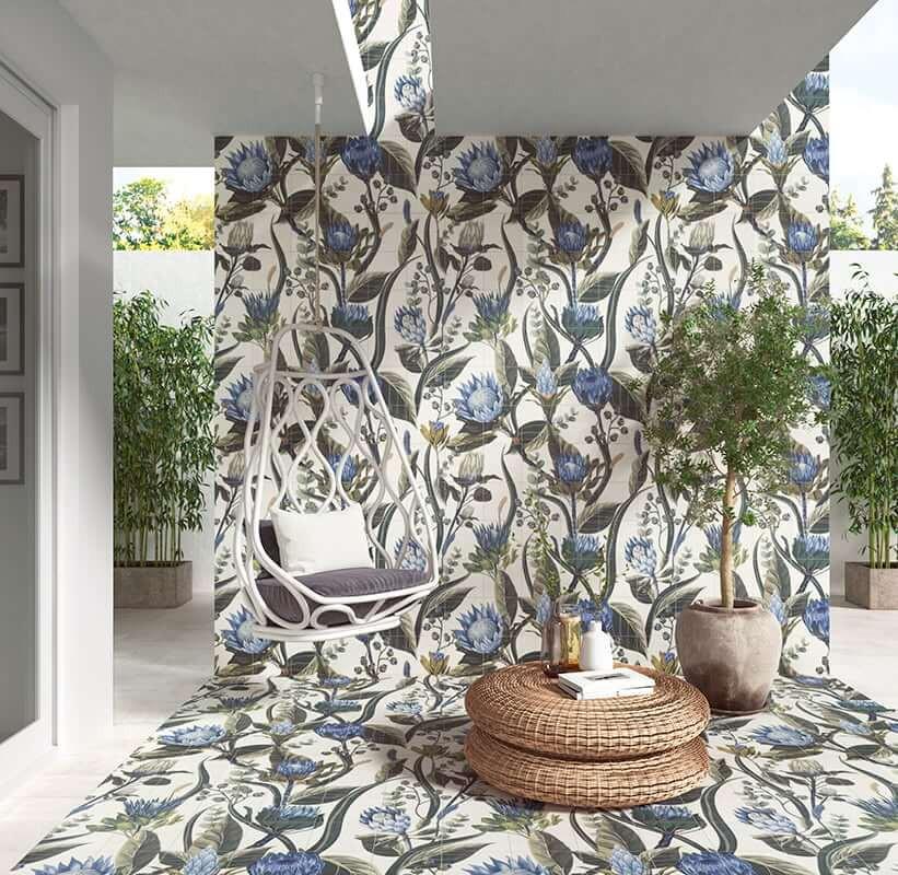Mainzu Murales Decor Mural Blu Leaves 20x20